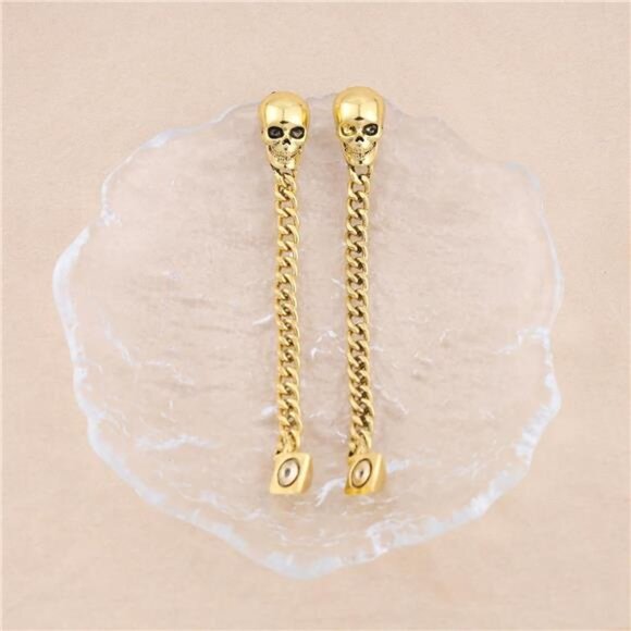 Punk Skull Chain Earrings | Gothic Skeleton Dangle & Tassel Drops - Picture 3 of 6